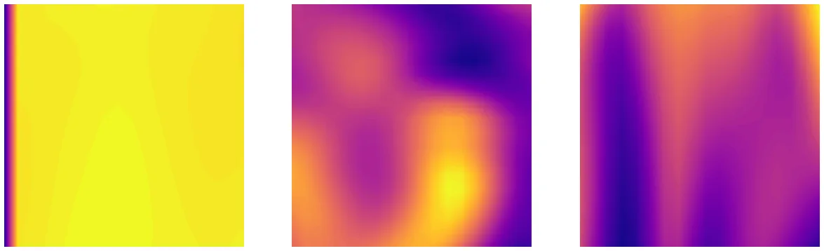 Three small square patches of velocity field extracted from the boundary layer, visibly different in texture.